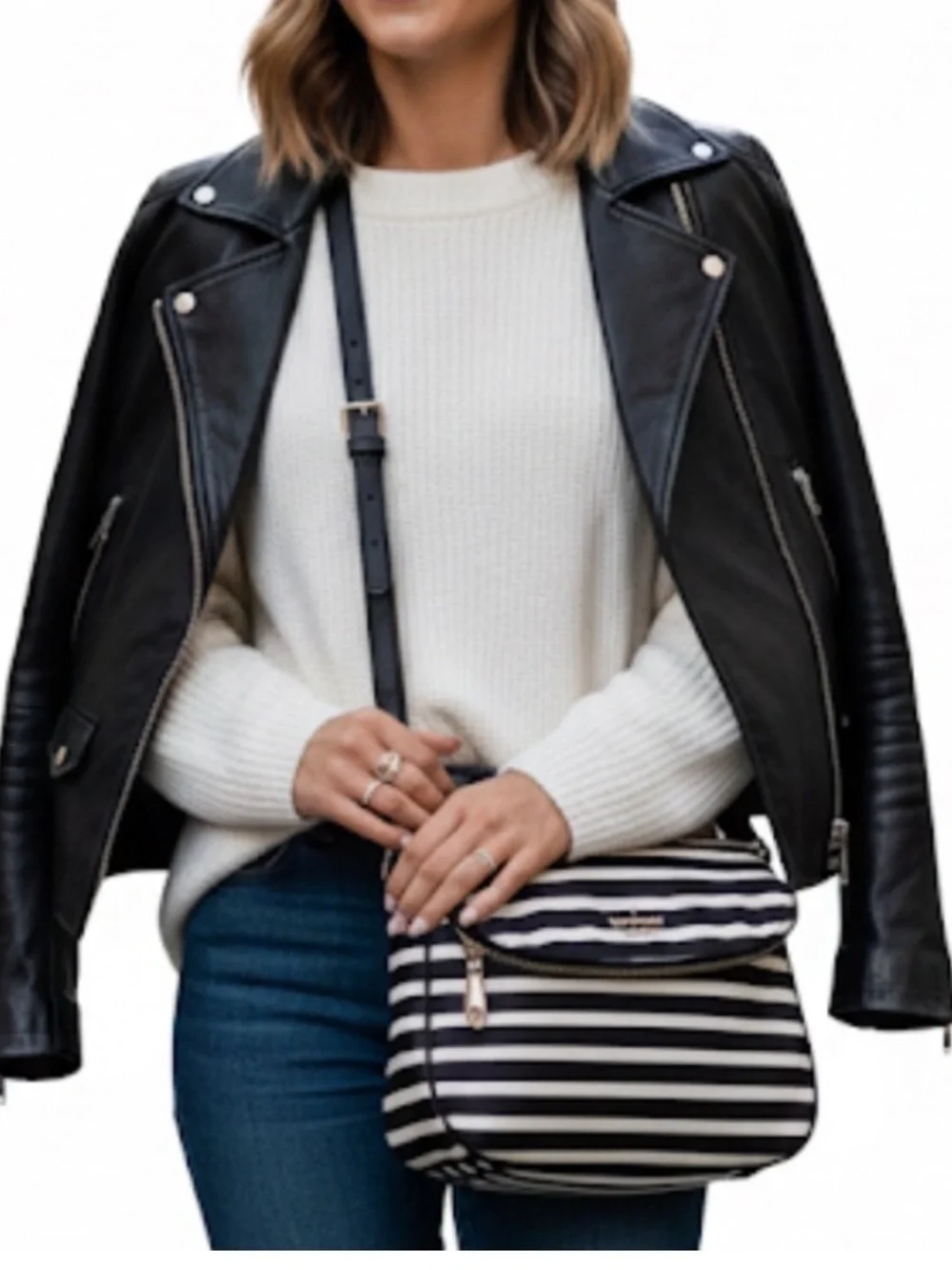 KATE SPADE Black White Stripe Shoulder Bag Devin Mulberry Preppy Crossbody